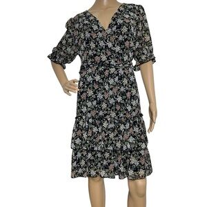 Leslie Fay Floral Black Dress Short Sleeves Ruffle 8